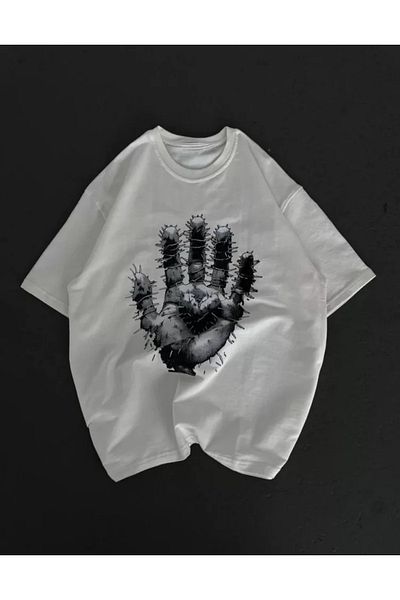 Moka Shopin Tricou alb unisex oversize imprimat cu decolteu triplu