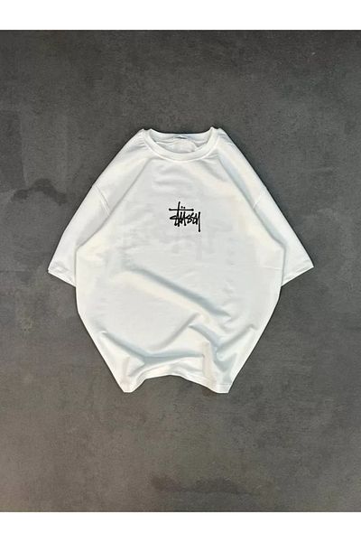 Moka Shopin Tricou alb unisex cu imprimeu supradimensionat cu gât crew