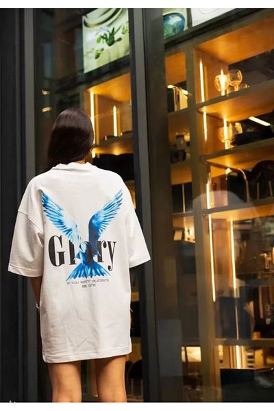 Moka Shopin Tricou alb unisex cu imprimeu supradimensionat cu gât crew