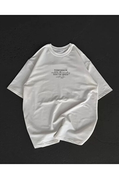 Modayakamoz Tricou alb unisex cu imprimeu oversize cu guler rotund