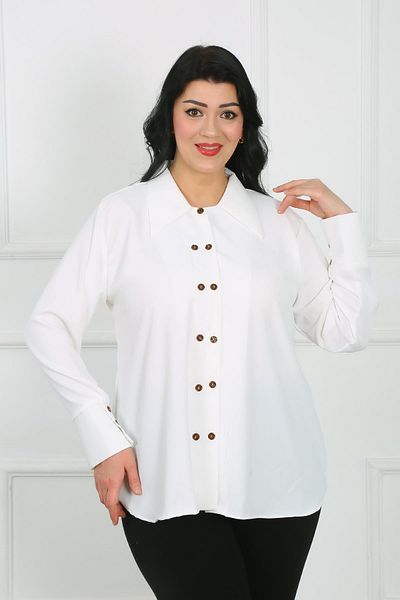 By Alba Collection White Dubai Fabric - Double Button Large Size Women's Shirt