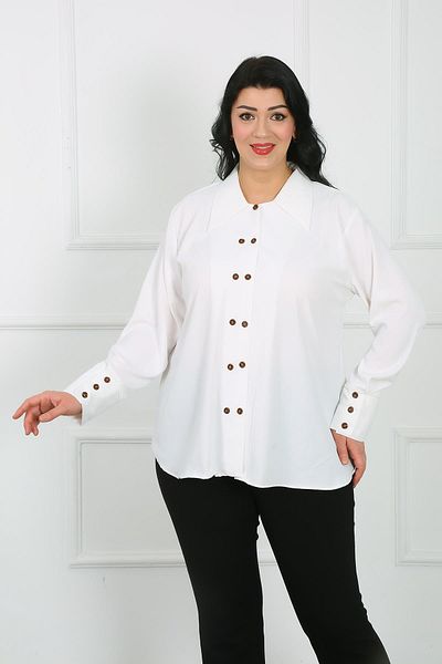 By Alba Collection White Dubai Fabric - Double Button Large Size Women's Shirt
