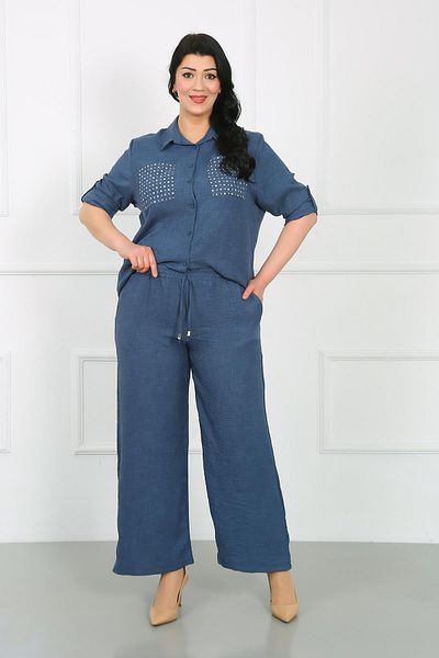 By Alba Collection Navy Blue Soft Linen Plus Size Trousers - Elastic Waist
