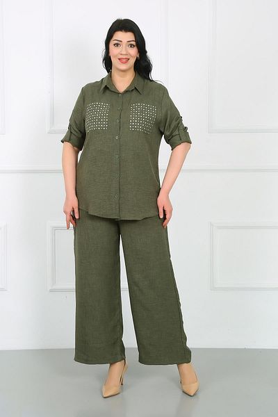 By Alba Collection Plus Size Γυναικείο Χακί Μαλακό Λινό Παντελόνι - Ελαστική Μέση