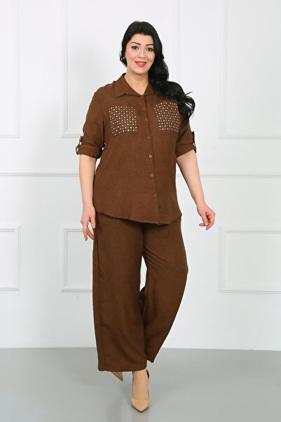 By Alba Collection Soft Linen Large Size Trousers - Tan, Elastic Waist