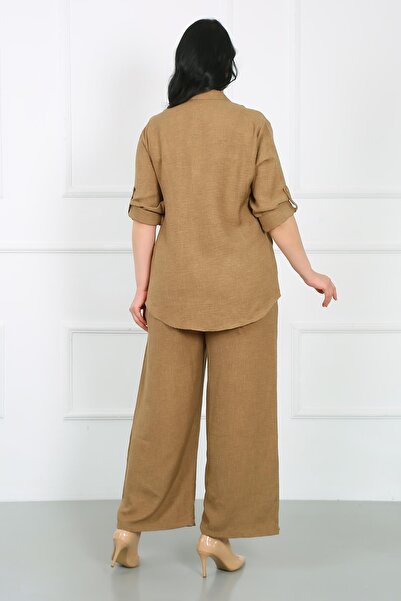 By Alba Collection Ανοιχτό καφέ μαλακό λινό Plus μέγεθος ελαστικό παντελόνι μέσης