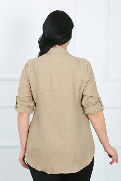 By Alba Collection Kadın Ekru Soft Keten Beden Gömlek