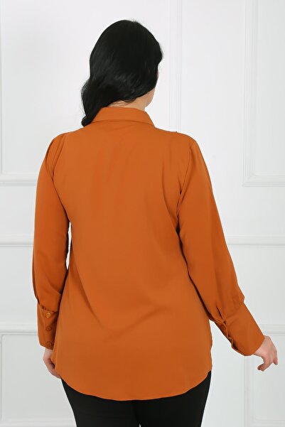 By Alba Collection Orange Dubai Fabric - Large Size Women's Shirt with Button Detail