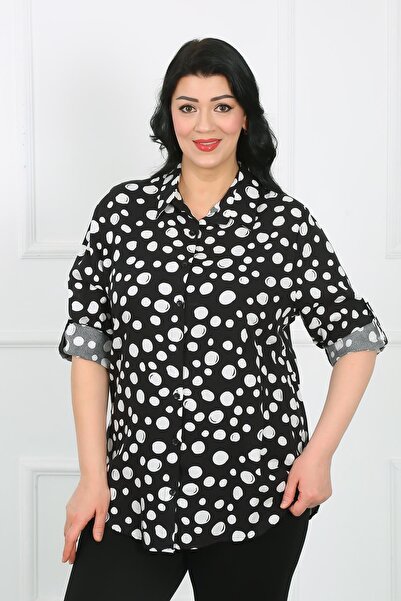 By Alba Collection Cămașă de damă din viscoză cu buline albe de mărime mare