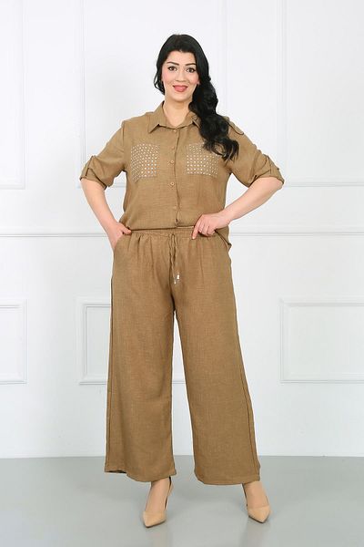 By Alba Collection Light Brown Soft Linen Plus Size Elastic Waist Trousers