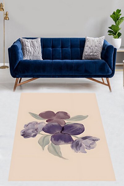 on the clouds Krem Rengi Zemin Soyut Mor Çiçek Desenli Yıkanabilir Kaymaz Tab...