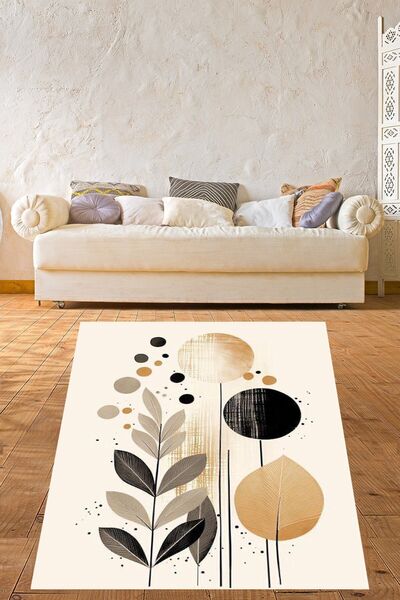 on the clouds Beyaz Zeminde Yaprak Desenli Modern Yıkanabilir Salon Halısı Yo...