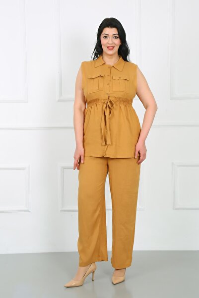 By Alba Collection Plus Size Mustard Color Vest and Trousers Set