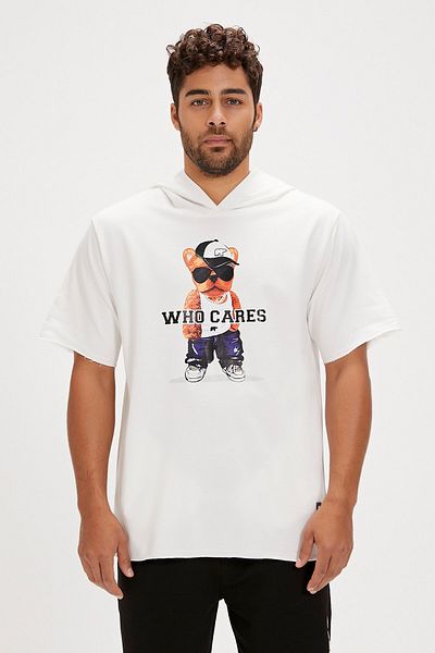 Bad Bear Mood White Men's Printed Hoodie Sweatshirt