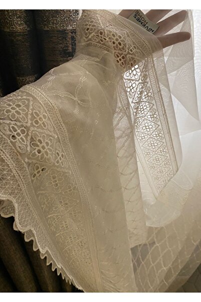 NİVEMESHOME Laguna Skirt Embroidered Cream 1/3 Thin Pleat Tulle Curtain