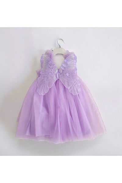 Şirin Şeyler Butiği Fairy Butterfly Girl's Purple Tulle Strap Butterfly Detailed Special Day Birthday Fairy Lilac Dress