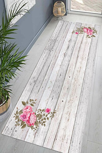 on the clouds Ahşap Desenli Çiçekli Dijital Baskı Yıkanabilir Kaymaz Taban Le...