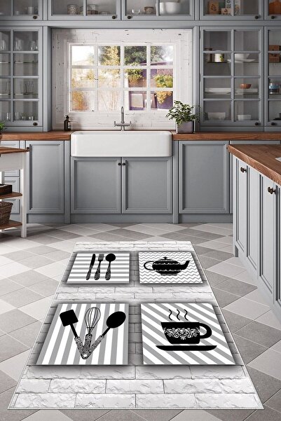 on the clouds Gri Desenli Kaymaz Taban  Mutfak Halısı