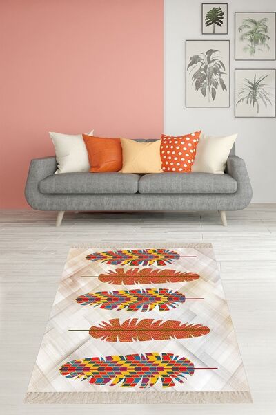 on the clouds Kuş Tüyü Desenli Afro Etnik Dijital Baskılı Kaymaz Taban Yıkana...