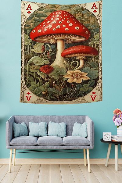 on the clouds Vintage Mushroom Pattern Stain Resistant Fabric Wall Cover Wall Carpet Tapestry