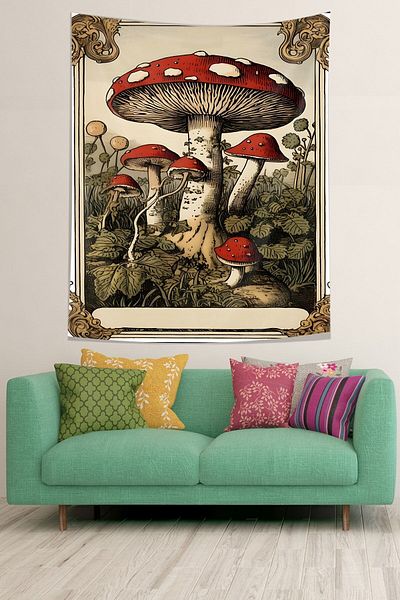 on the clouds Mushroom Pattern Vintage Stain Resistant Fabric Wall Cover Wall Carpet Tapestry