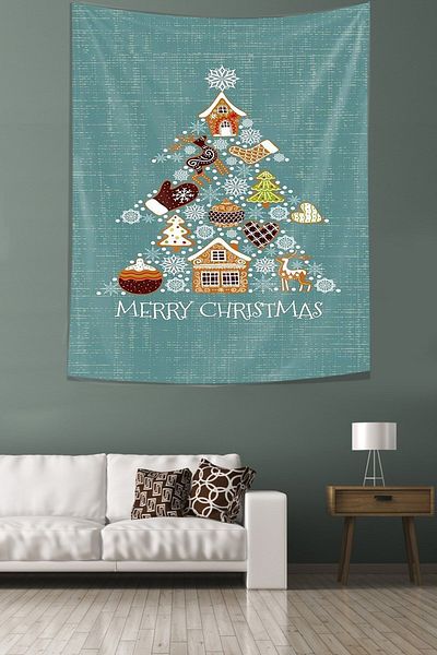 on the clouds Merry Christmas Themed Stain Resistant Fabric Wall Cover Wall Carpet Tapestry