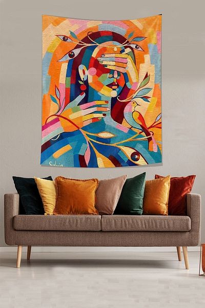 on the clouds Third Eye Mindfullnes Oil Painting Women Portrait Stain Resistant Fabric Wall Cloth Wall Carpet Tapestry