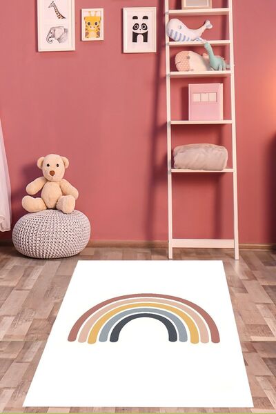 on the clouds Gökkuşağı Desenli Makrome Temalı Yıkanabilir Kaymaz Taban Leke Tutmaz Çocuk Odası Halısık