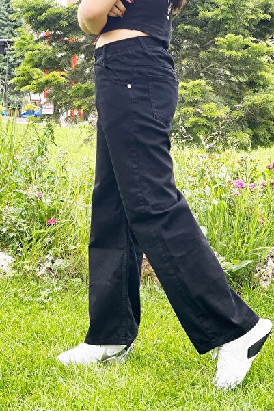 Asortix Kız Çocuk Komple Bel Lastikli Bol Paça Rahat Günlük Jean Kot Pantolon