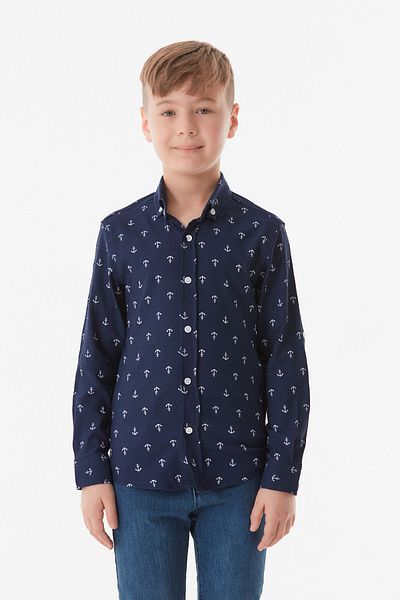 Fulla Moda Anchor Patterned Boy's Shirt with Folded Sleeves
