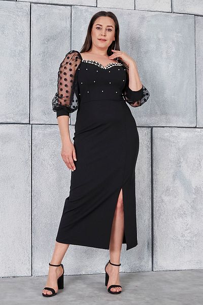 Butik Nilyam Μαύρο βραδινό φόρεμα με μαργαριταρένια λεπτομέρεια με πουά και σκίσιμο - 24123