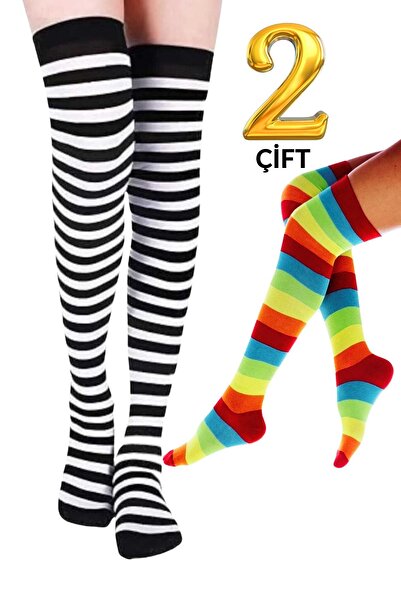 KRAL SOCKS Kadın Dizüstü Çorap (2 Çift) Günlük Düz Çizgili Pamuklu Diz Üstü S...