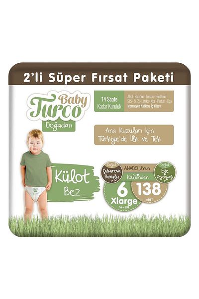Baby Turco Doğadan 2-Piece Deal Pack - Panty Diapers, Size 6, Xlarge 138 Pieces