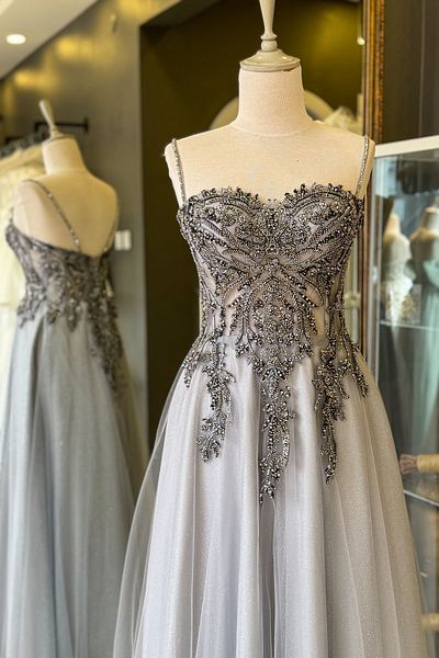 Lenta Moda Gray Glittery Lace Covered Maxi Length Evening and Engagement Dress
