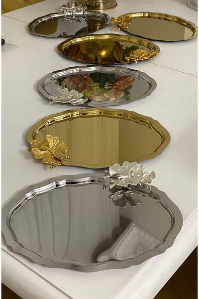 Elzemm store 6 Pieces 20*25 CM Oval Silver and Gold Presentation Tray with Butterfly Accessory