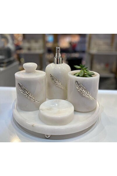 ADES MOBİLYA VE AKSESUARLARI 5 Parça Tüy(GÜMÜŞ) Figürlü Beyaz Mermer Banyo Ta...