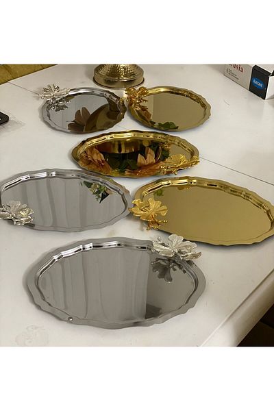 Elzemm store 6 Pieces 20*25 CM Oval Silver and Gold Presentation Tray with Butterfly Accessory