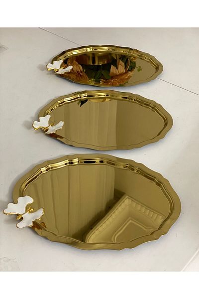 Elzemm store 20*25 CM - 3 Pieces White Butterfly Presentation Tray, Gold Oval Model