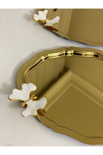 Elzemm store 20*25 CM - 3 Pieces White Butterfly Presentation Tray, Gold Oval Model
