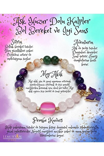 LEMURYANSTONE Aşk,Huzur, Bolluk, Bereket ve İyi Şans (Pembe Kuvars, Mor Akik,...