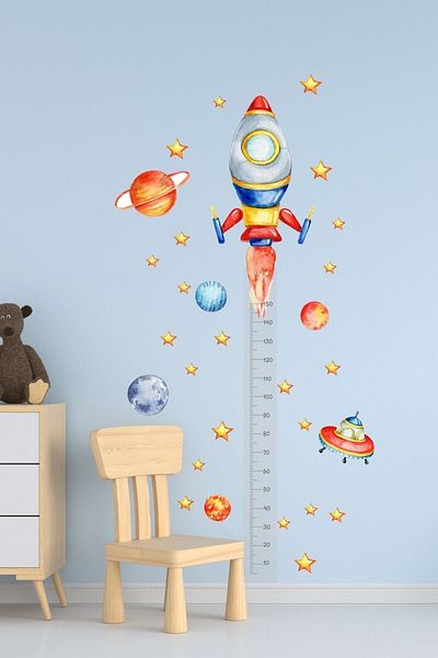 Sim Tasarım Height Meter Space Rocket Themed Kids Room Wall Decoration Sticker Set