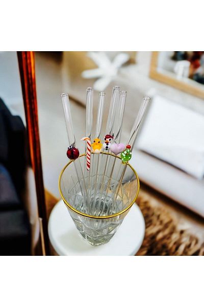 nazarboncuğu New Year Figured Glass Straw Set with 6 Cleaning Brushes as a Gift