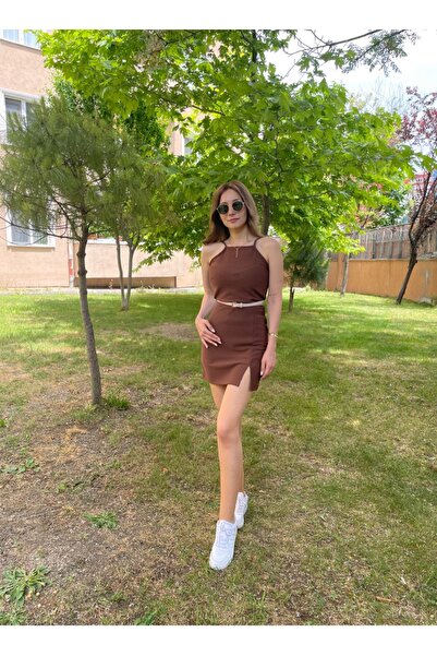 Halter Yaka Yırtmaçlı Kadın Mini Elbise