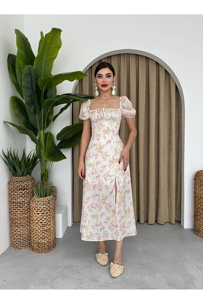 LİNEBUTİK Short Balloon Sleeve and Elastic with Chest Tie Detail
