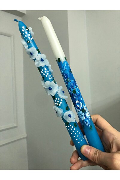 Elif Design Mavi çiçek detaylı el yapımı kokulu mum seti