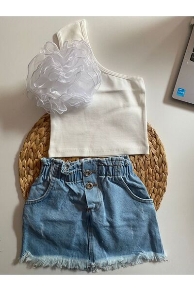 nisaykids Girl - Floral Detailed Blouse and Denim Skirt Set