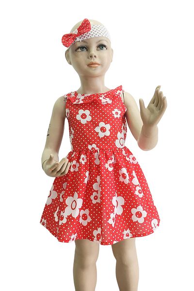 minikiss Girl's Floral Print Polka Dot Bow Bandana Collar and Sirtan Ruffle Detailed Dress