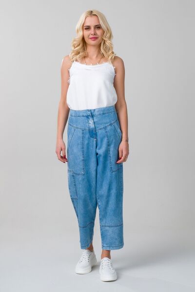 Bold & Young Blugi din țesătură lyocell subțire pentru femei, culoare indigo, spalare, buzunar, picior lat, talie elastică