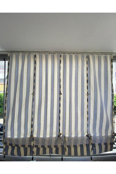 Görgülü Shop Threaded Traction Height Adjustable Gray Cream Striped Balcony Curtain Thick Fabric