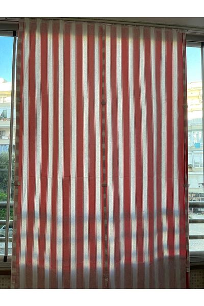 Görgülü Shop String Traction Height Adjustable Red White Striped Balcony Curtain Thick Fabric